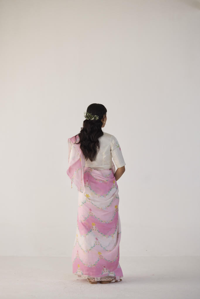 Gulmarg Mulberry Organza Silk Sari-Pink organza by Nadiya Paar in pink color for women Worldwide