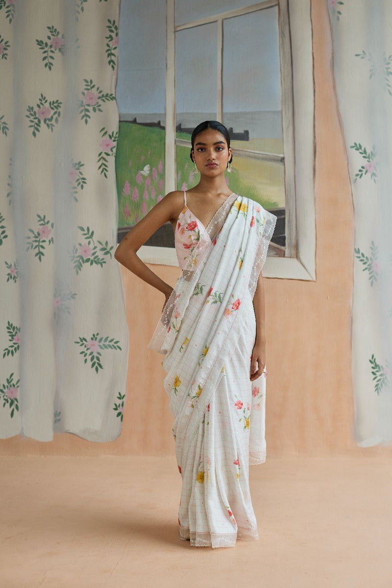 Poppy Mulberry Silk Sari silk by Nadiya Paar in white color for women Worldwide