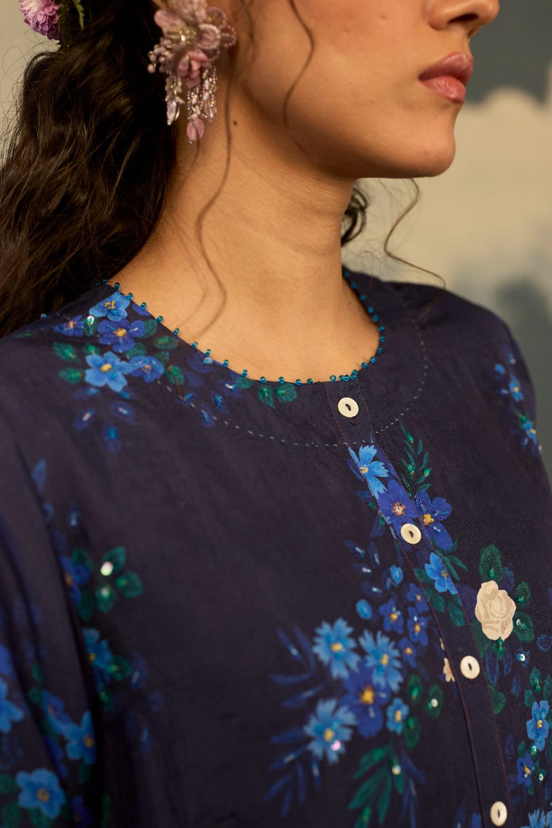 Blue Morning Glory Mulberry Silk Long Kurta Set silk by Nadiya Paar in blue color for women Worldwide