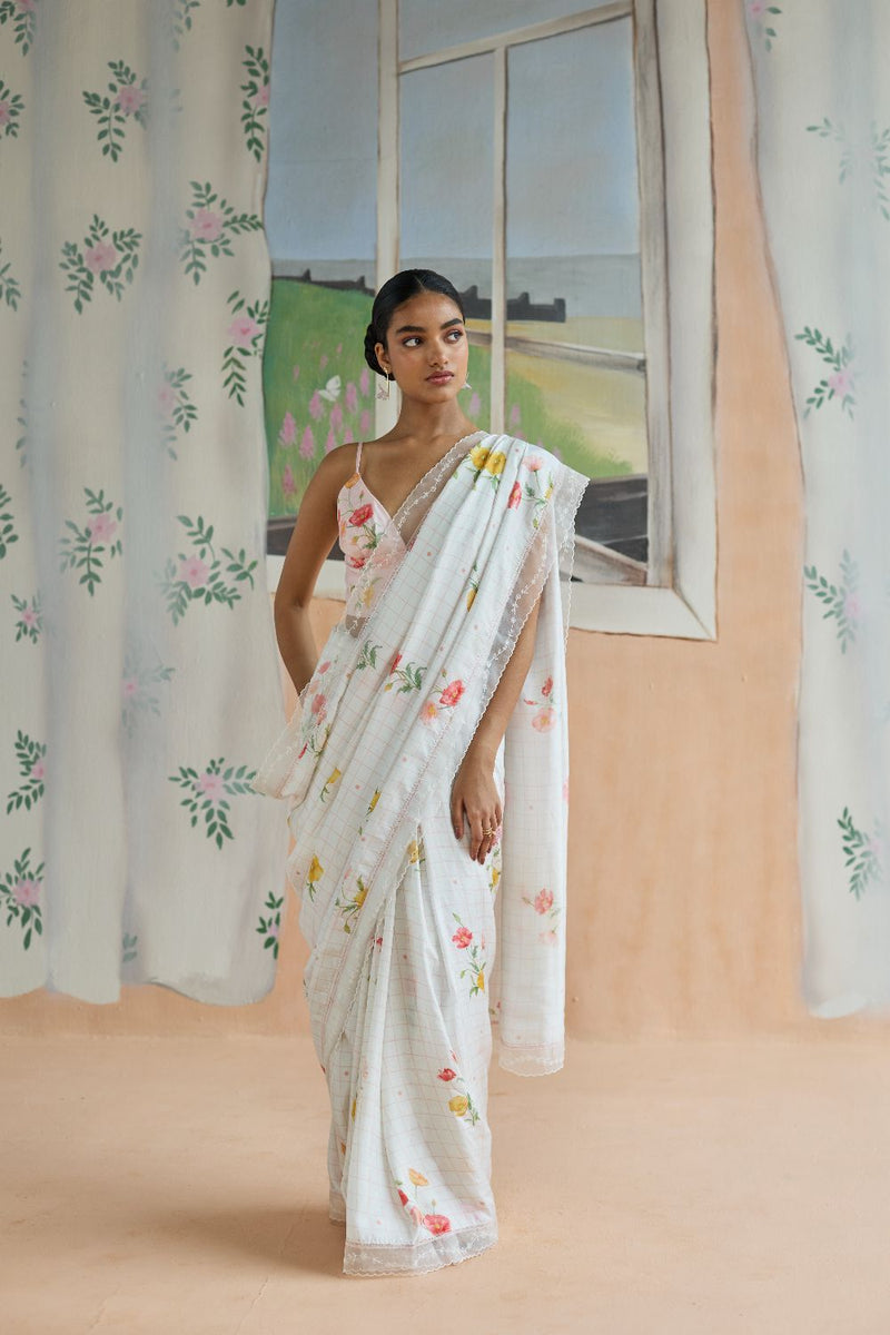 Poppy Mulberry Silk Sari silk by Nadiya Paar in white color for women Worldwide