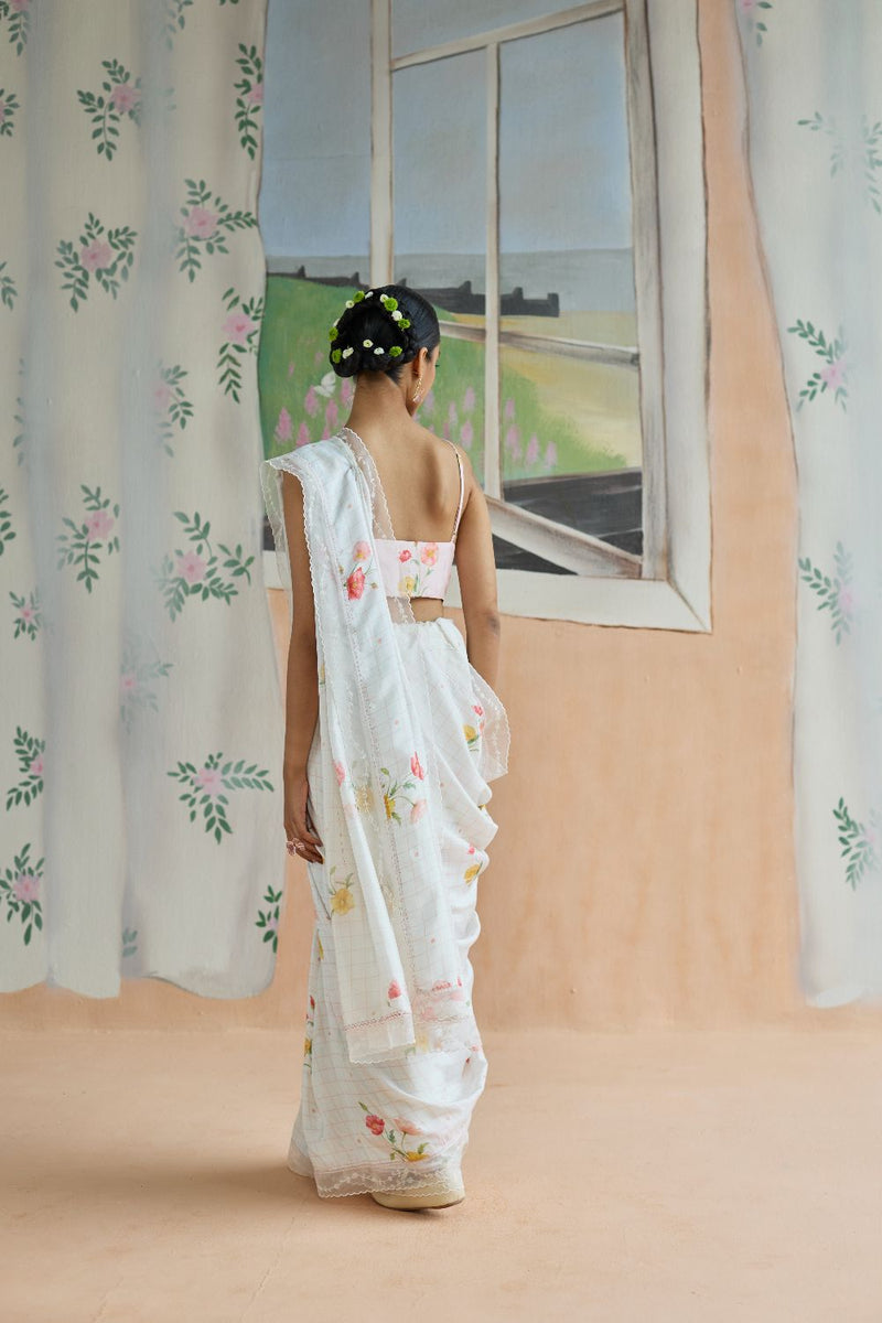 Poppy Mulberry Silk Sari silk by Nadiya Paar in white color for women Worldwide