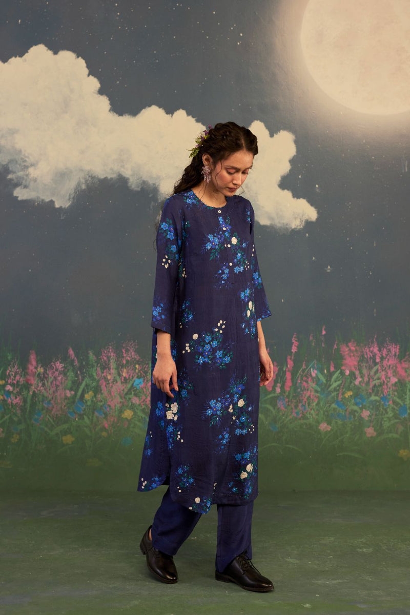 Blue Morning Glory Mulberry Silk Long Kurta Set silk by Nadiya Paar in blue color for women Worldwide