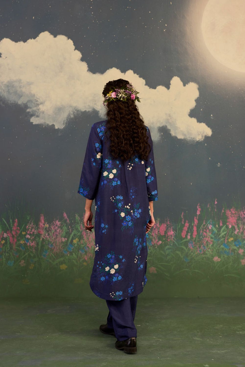 Blue Morning Glory Mulberry Silk Long Kurta Set silk by Nadiya Paar in blue color for women Worldwide