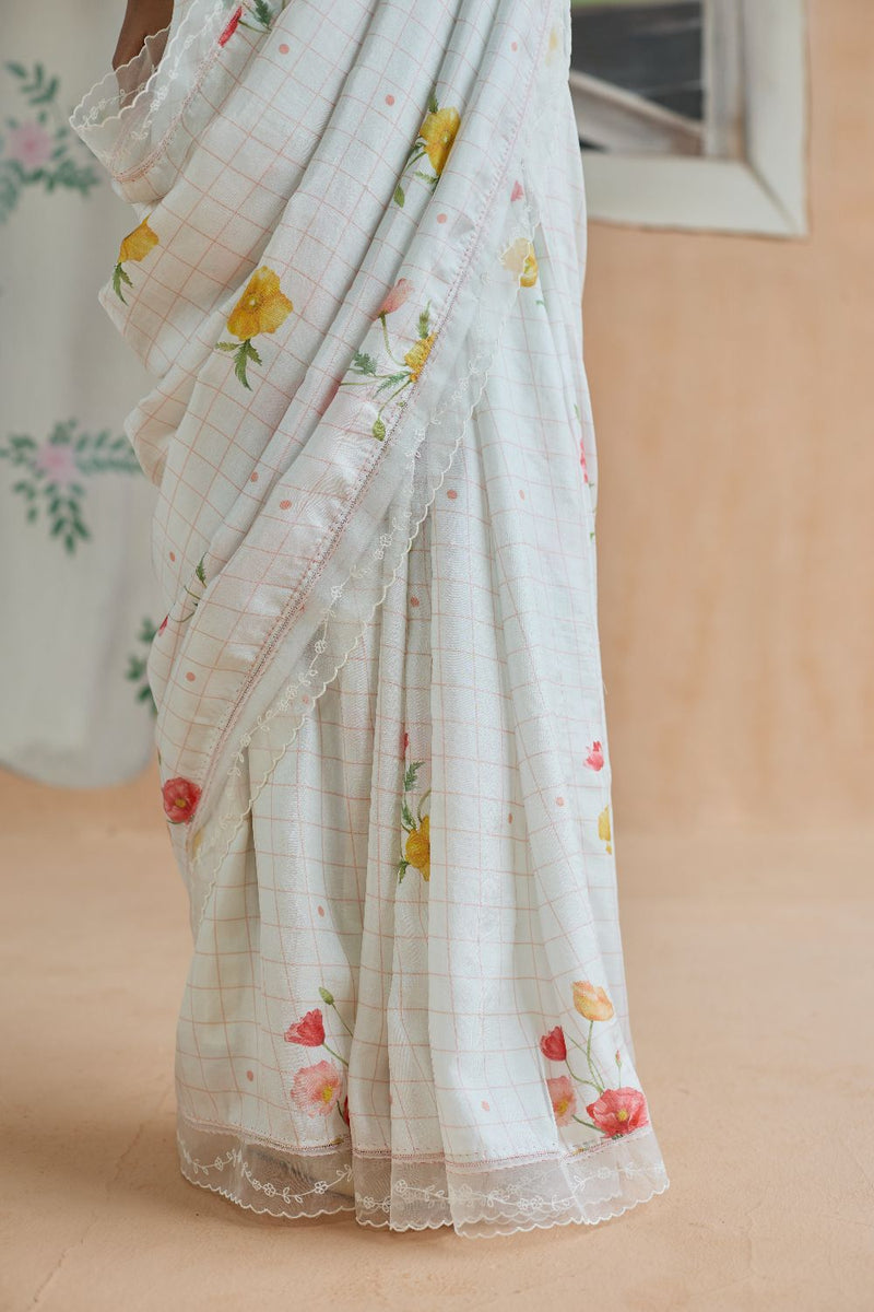 Poppy Mulberry Silk Sari silk by Nadiya Paar in white color for women Worldwide