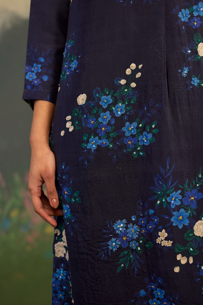 Blue Morning Glory Mulberry Silk Long Kurta Set silk by Nadiya Paar in blue color for women Worldwide