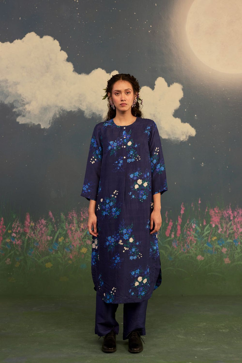 Blue Morning Glory Mulberry Silk Long Kurta Set silk by Nadiya Paar in blue color for women Worldwide
