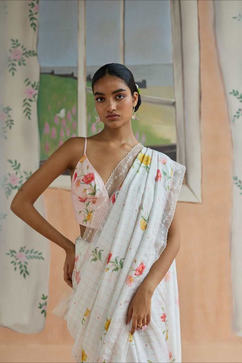 Poppy Mulberry Silk Sari silk by Nadiya Paar in white color for women Worldwide