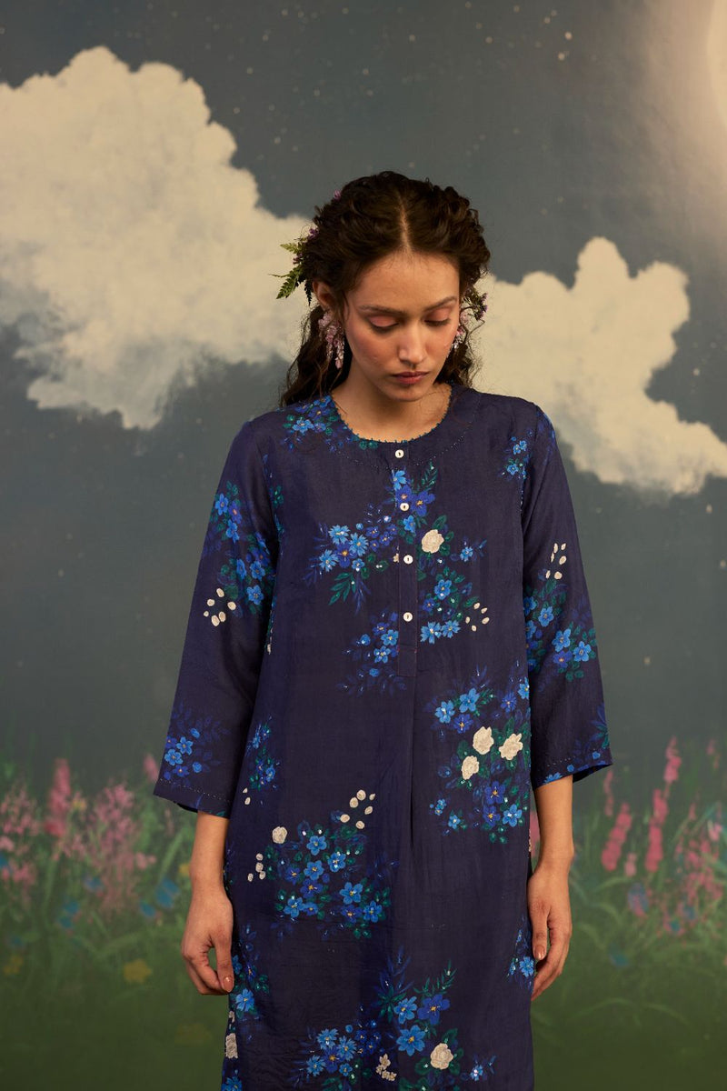 Blue Morning Glory Mulberry Silk Long Kurta Set silk by Nadiya Paar in blue color for women Worldwide