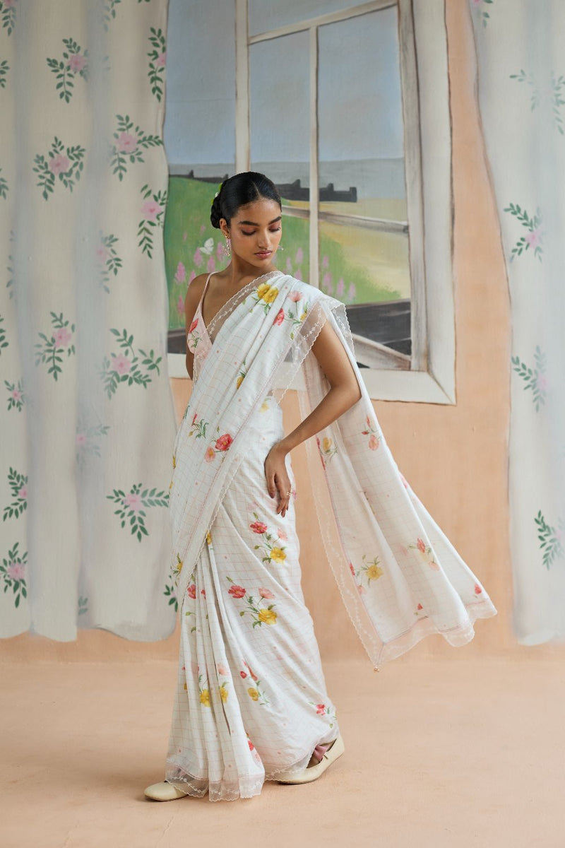 Poppy Mulberry Silk Sari silk by Nadiya Paar in white color for women Worldwide