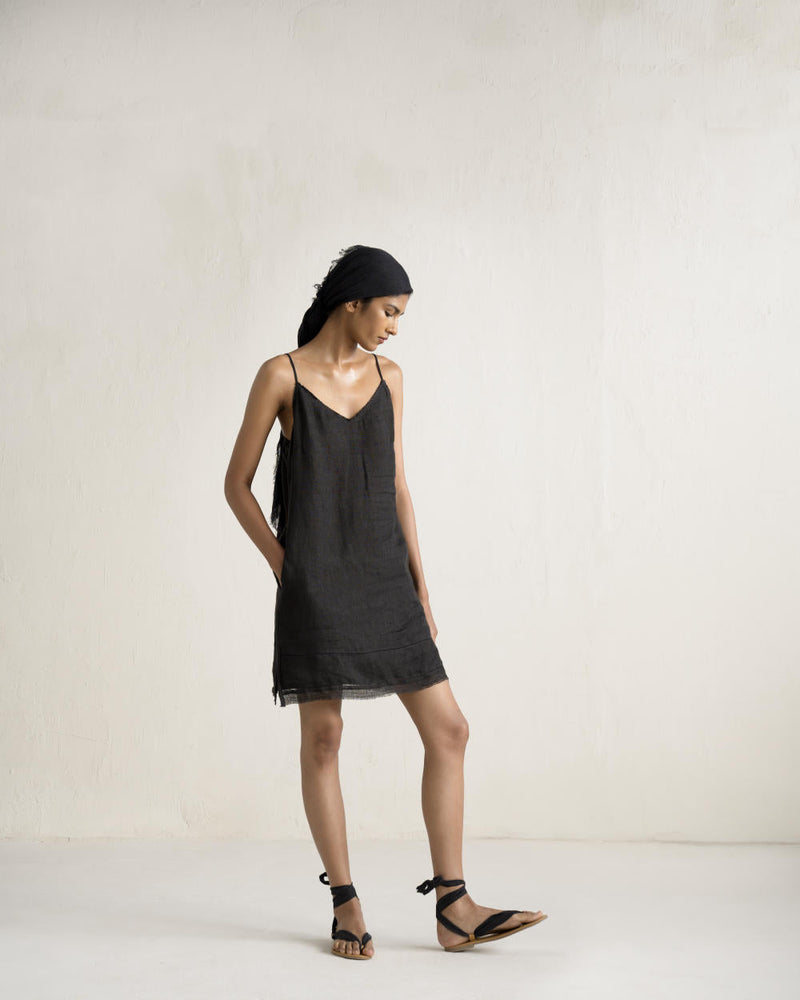 UMA SLIP DRESS linen by Ituvana in black color for women Worldwide
