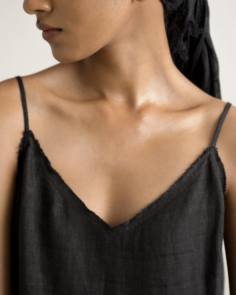 UMA SLIP DRESS linen by Ituvana in black color for women Worldwide