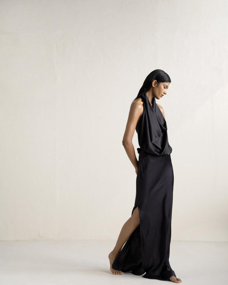 RONGU SKIRT SET silk by Ituvana in black color for women Worldwide