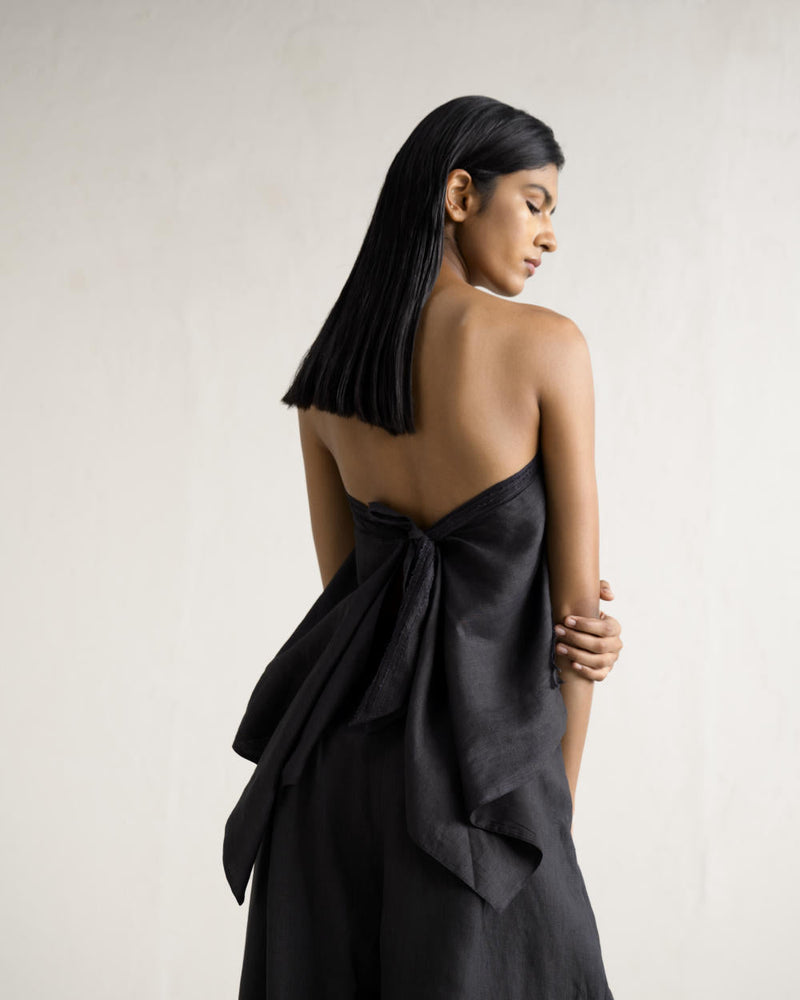 SAIDA TIE UP SET linen by Ituvana in black color for women Worldwide