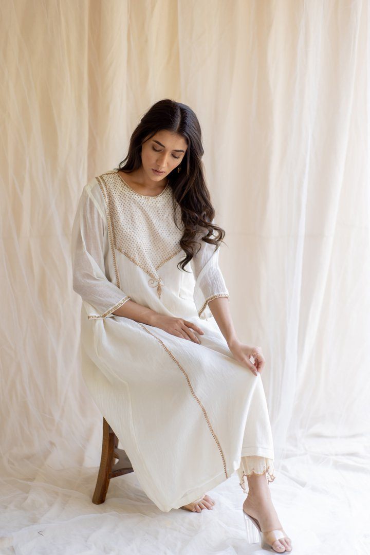 Ivory White Maheem Kurta Set by Nirjara in white color for women Worldwide