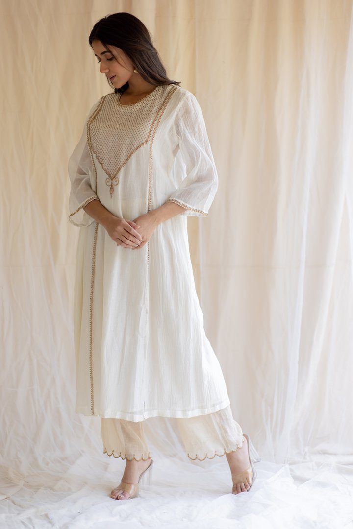 Ivory White Maheem Kurta Set by Nirjara in white color for women Worldwide