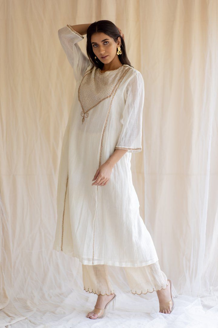 Ivory White Maheem Kurta Set by Nirjara in white color for women Worldwide