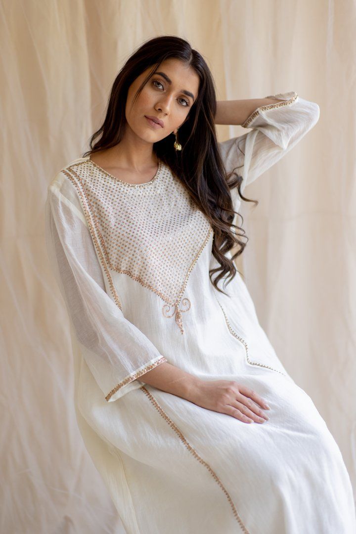 Ivory White Maheem Kurta Set by Nirjara in white color for women Worldwide