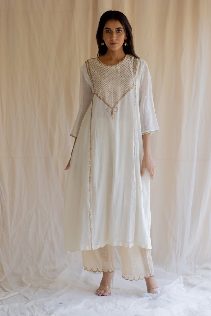 Ivory White Maheem Kurta Set by Nirjara in white color for women Worldwide