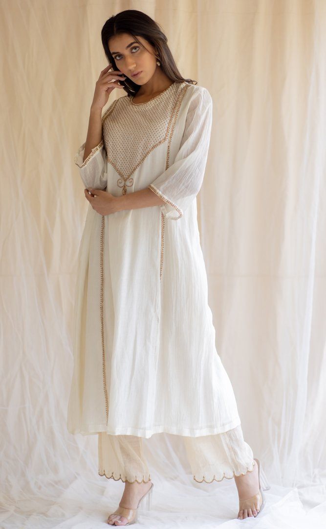 Ivory White Maheem Kurta Set by Nirjara in white color for women Worldwide