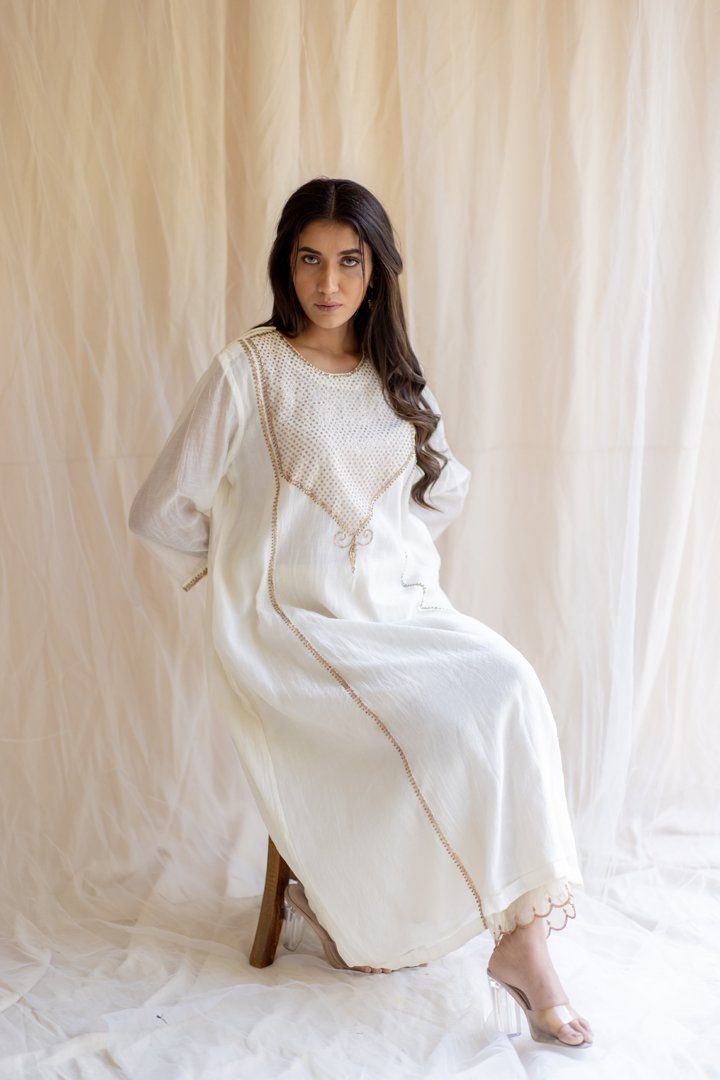 Ivory White Maheem Kurta Set by Nirjara in white color for women Worldwide