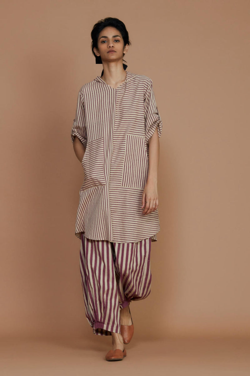 Ivory With Mauve Striped Hooded Co-Ord Set Co-ord Set,Dress by Mati for women Worldwide
