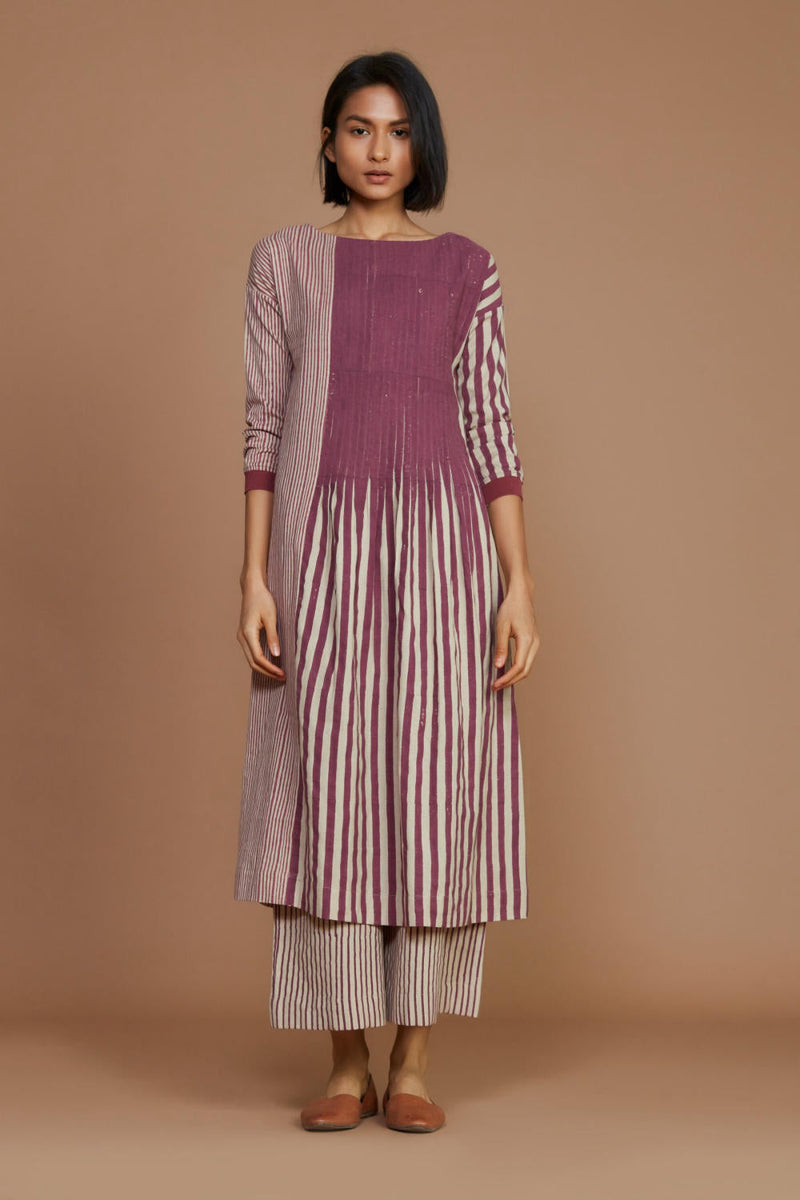 Ivory With Mauve Striped Pleated Co-Ord Set Co-ord Set by Mati for women Worldwide