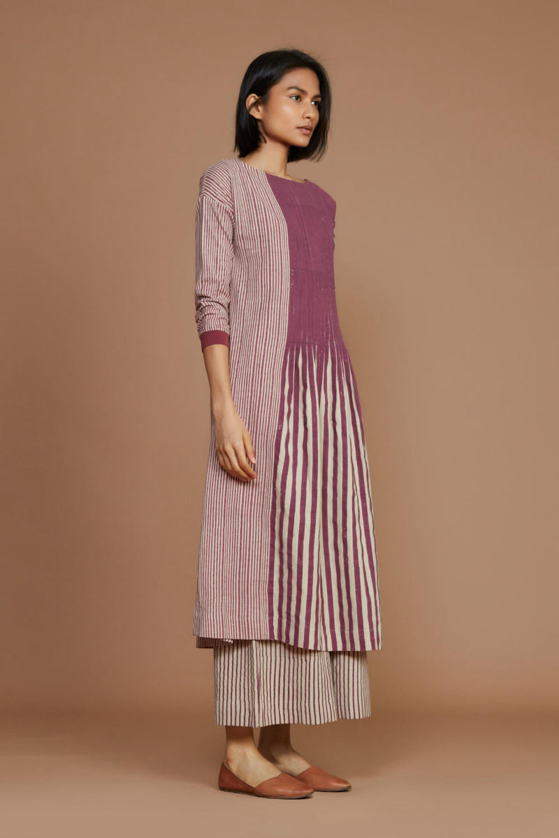 Ivory With Mauve Striped Pleated Co-Ord Set Co-ord Set by Mati for women Worldwide