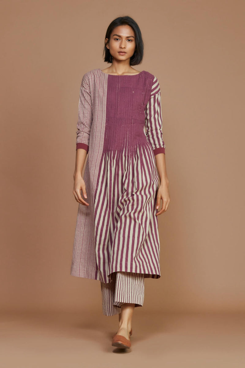 Ivory With Mauve Striped Pleated Co-Ord Set Co-ord Set by Mati for women Worldwide