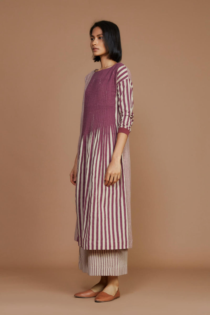 Ivory With Mauve Striped Pleated Co-Ord Set Co-ord Set by Mati for women Worldwide