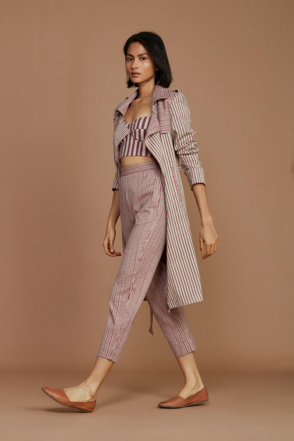 Ivory with Mauve Striped Trench & Corset Co-Ord Set Fashion Mati