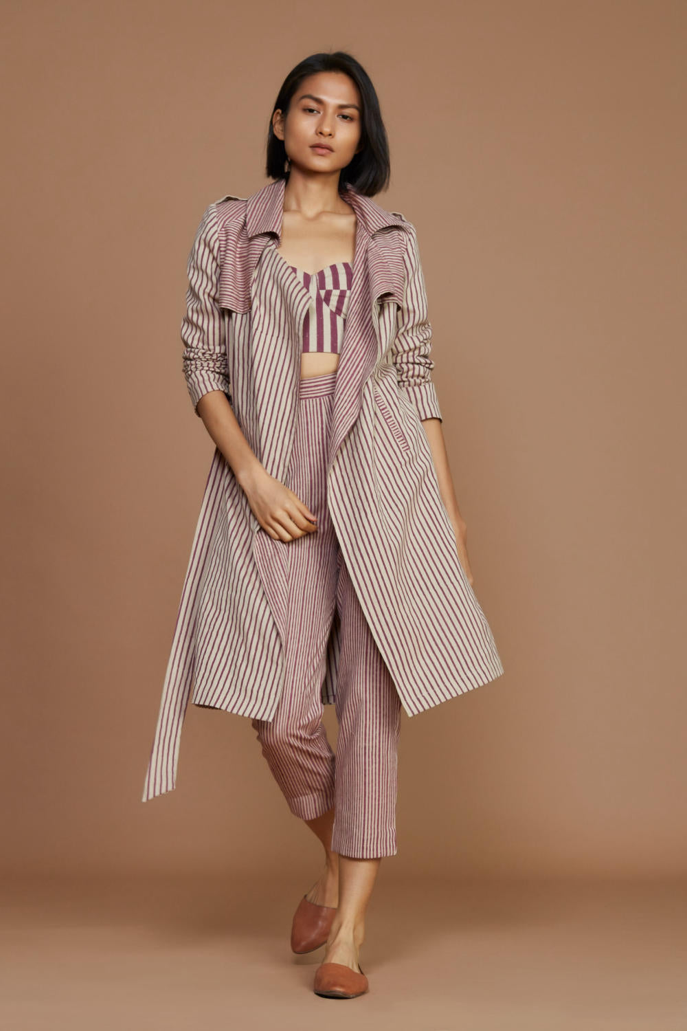 Ivory with Mauve Striped Trench & Corset Co-Ord Set Fashion Mati