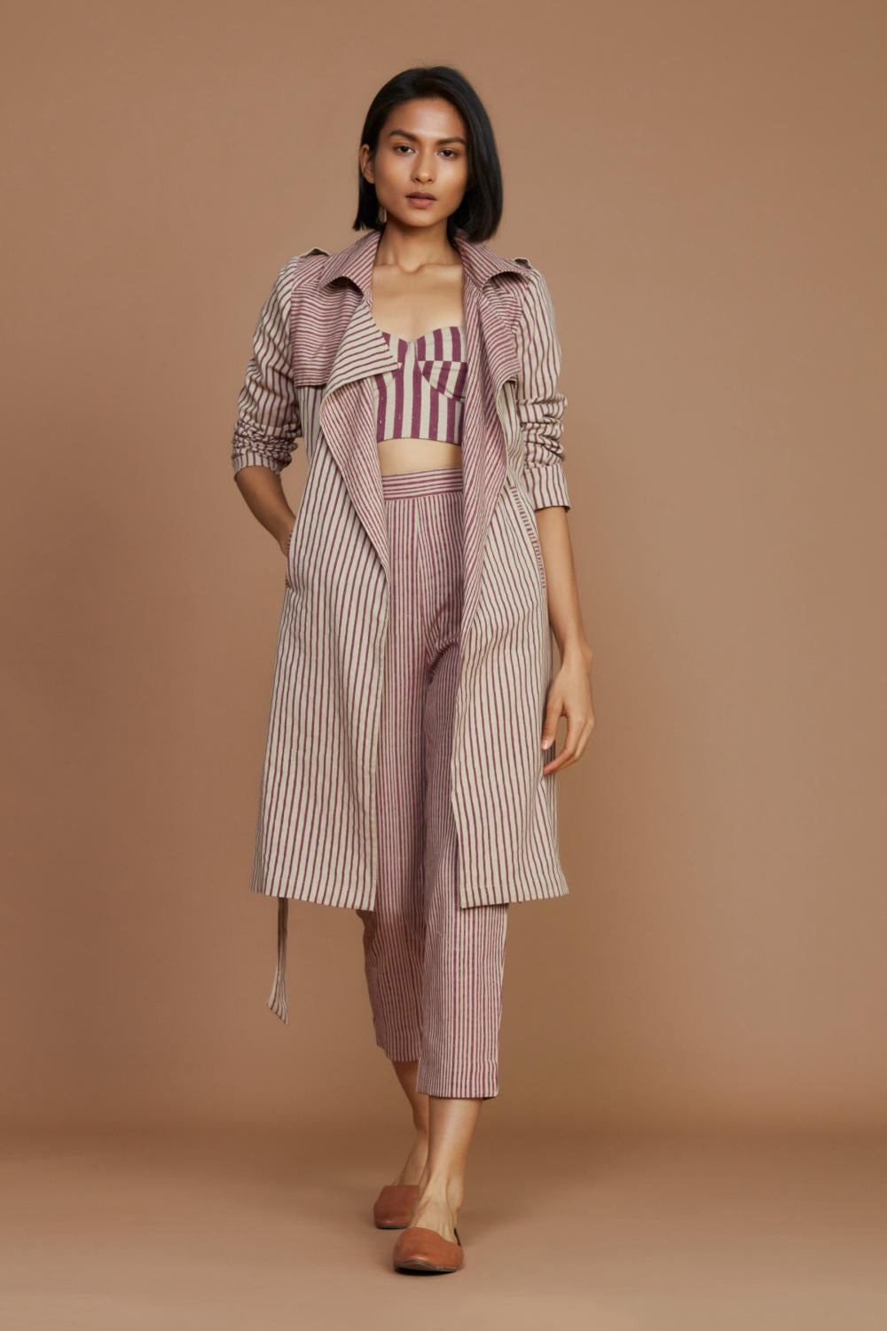 Ivory with Mauve Striped Trench & Corset Co-Ord Set Fashion Mati