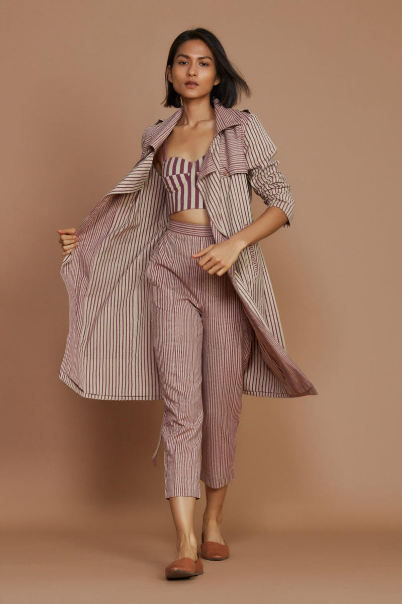 Ivory with Mauve Striped Trench & Corset Co-Ord Set Co-ord Set by Mati for women Worldwide