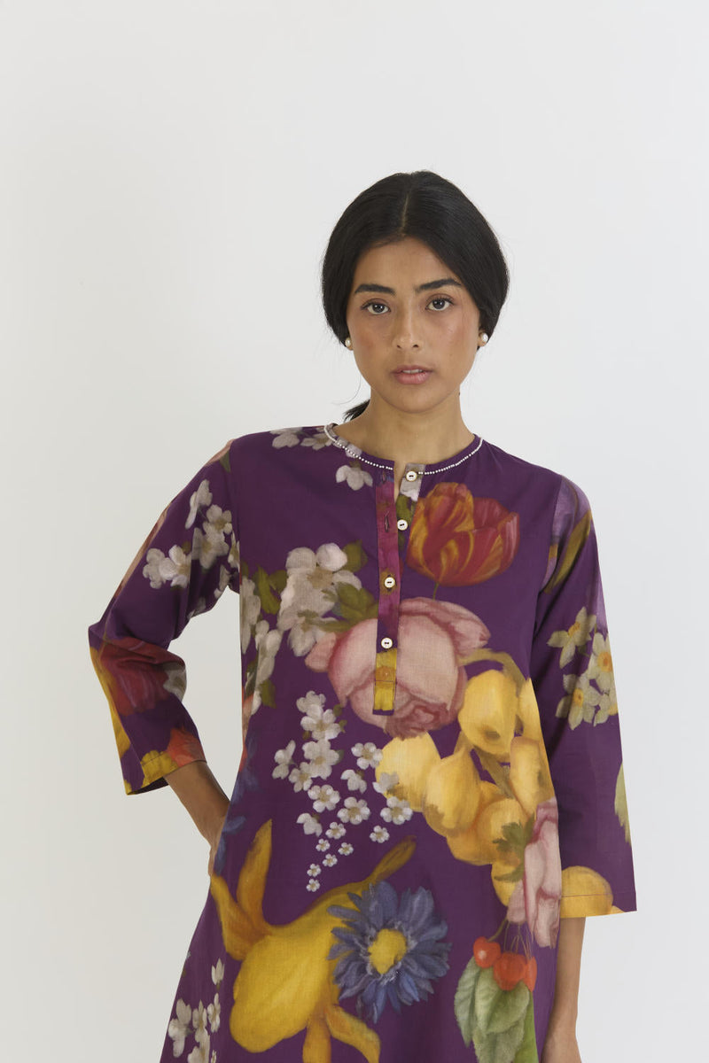 JAMUN SHORT KURTA SET cotton by Yam in purple color for women Worldwide