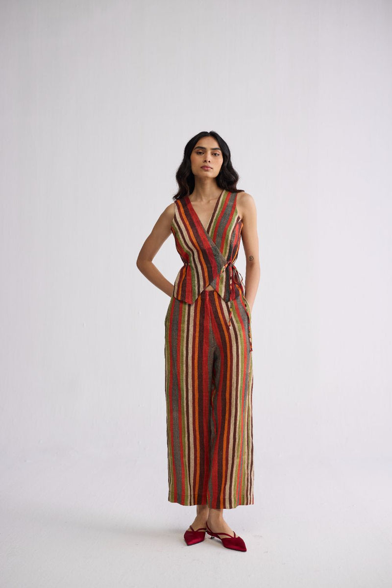 JILIAN TIE UP WAISTCOAT & PANTS SET linen co-ord set by YAM in multicolor for women Worldwide