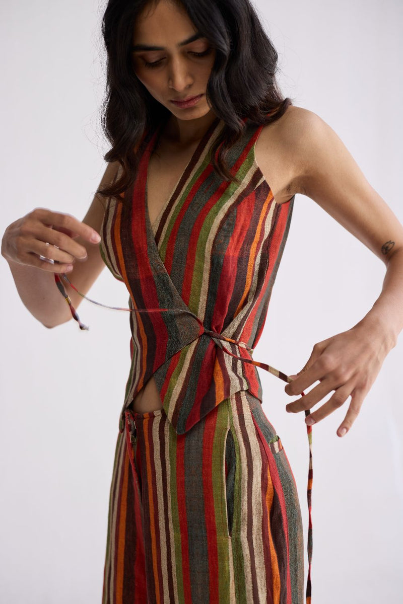 JILIAN TIE UP WAISTCOAT & PANTS SET linen co-ord set by YAM in multicolor for women Worldwide