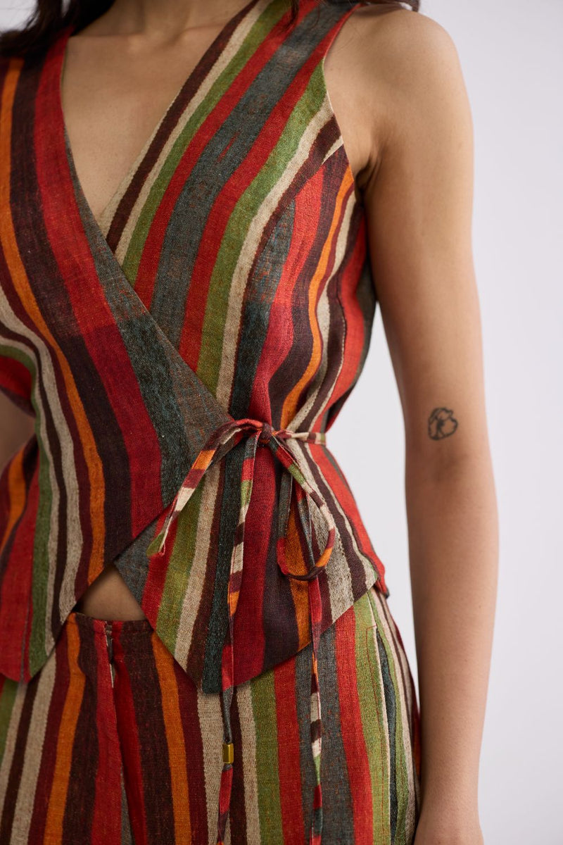 JILIAN TIE UP WAISTCOAT & PANTS SET linen co-ord set by YAM in multicolor for women Worldwide