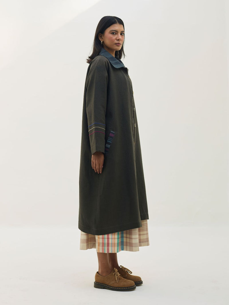Juniper Linen Coat - Olive Charcoal all linen by Manan in charcoal color for women Worldwide