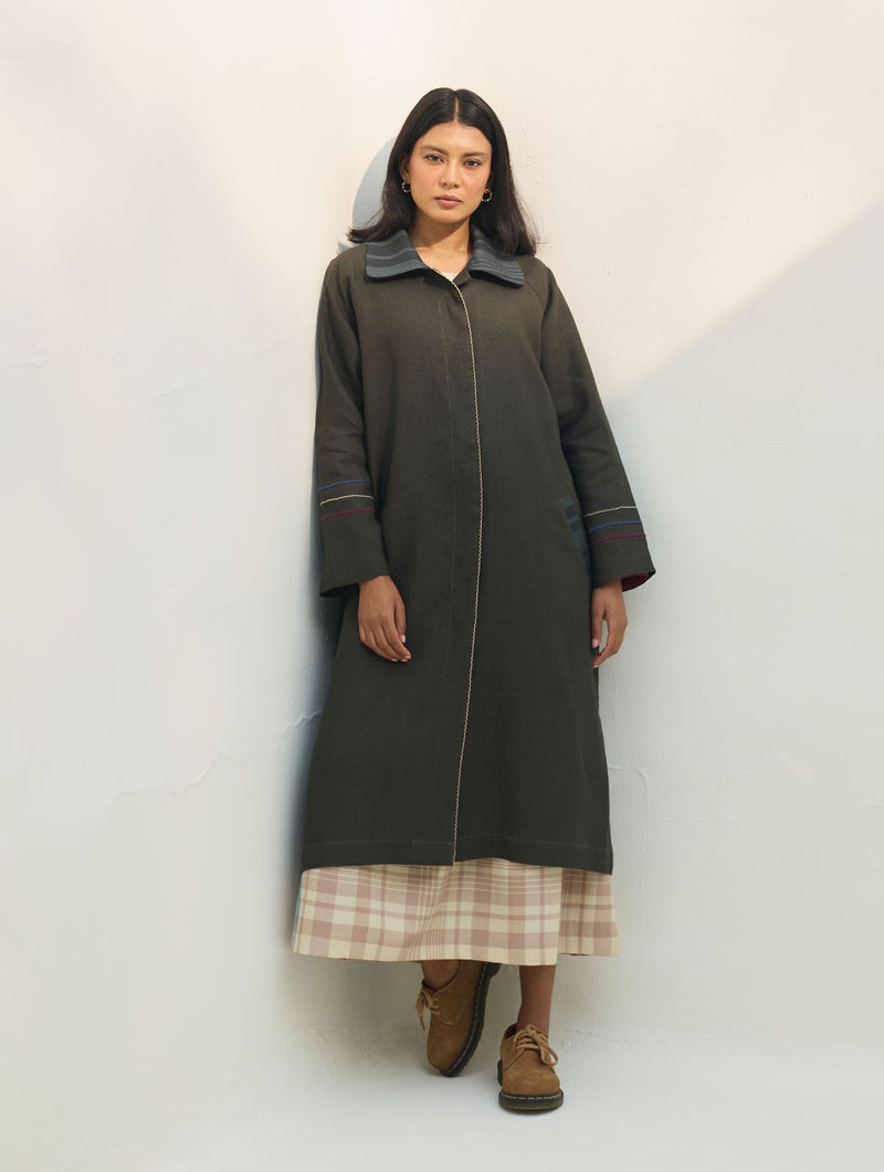 Juniper Linen Coat - Olive Charcoal all linen by Manan in charcoal color for women Worldwide