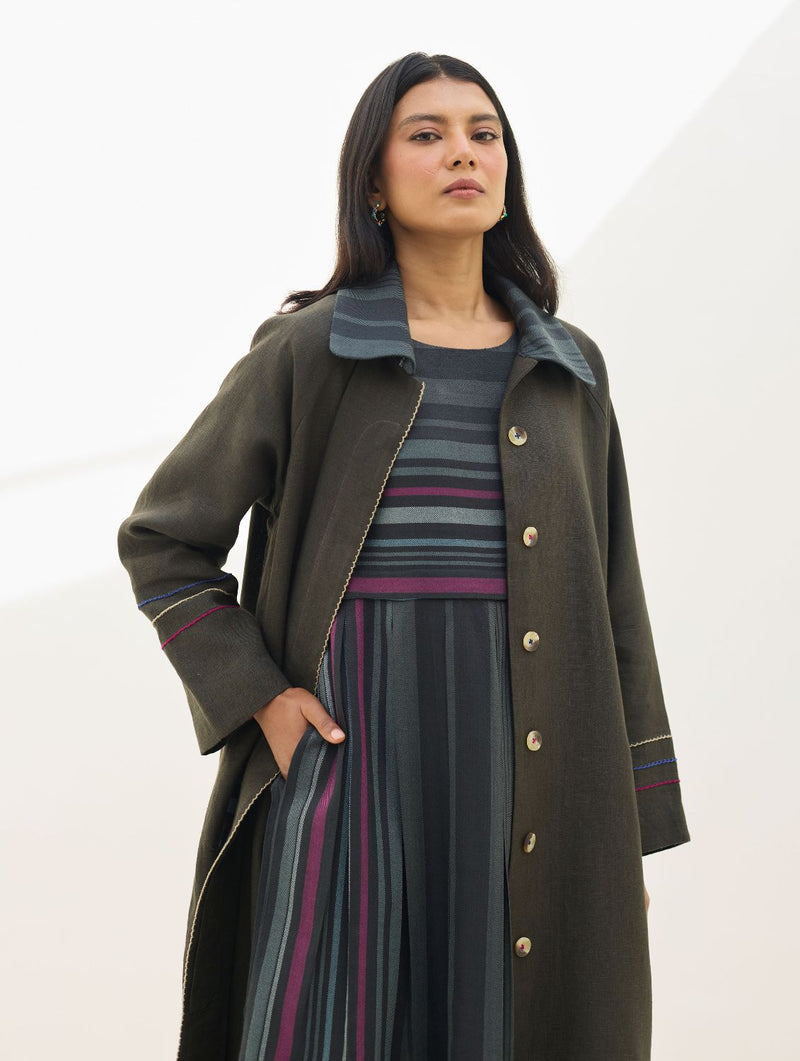 Juniper Linen Coat - Olive Charcoal all linen by Manan in charcoal color for women Worldwide