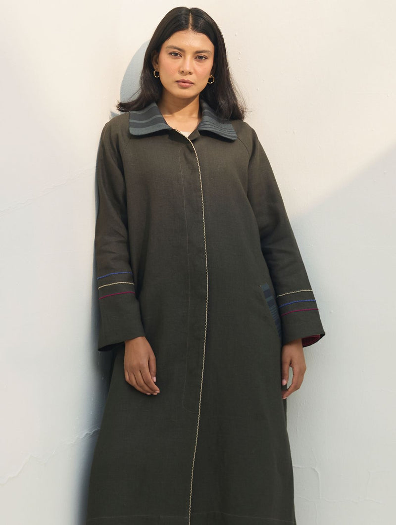 Juniper Linen Coat - Olive Charcoal all linen by Manan in charcoal color for women Worldwide