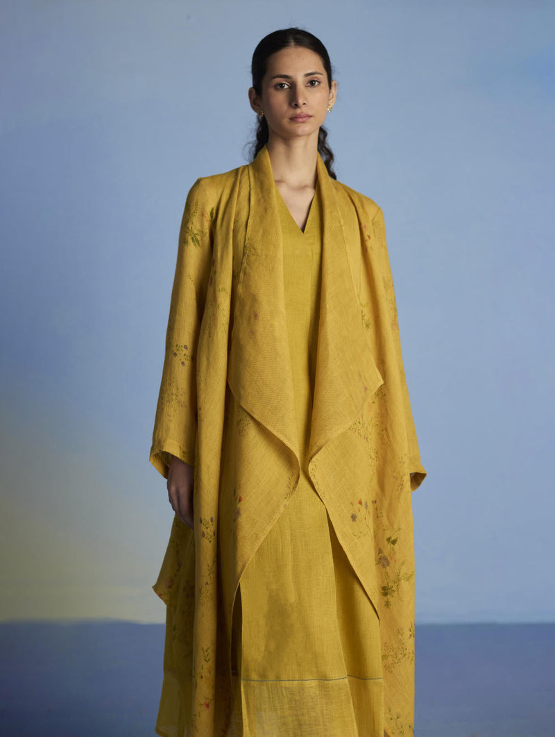 Tai Floral Sheer Linen Overlay - Ochre linen by Manan for women Worldwide