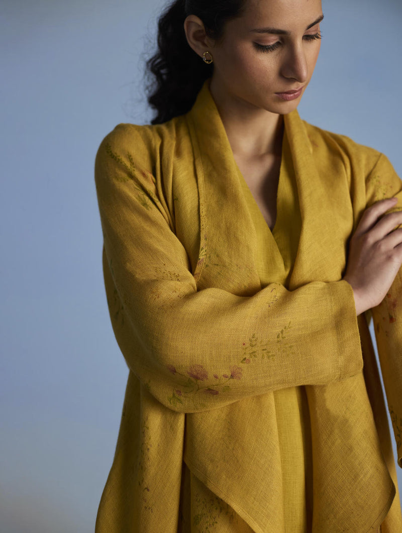 Tai Floral Sheer Linen Overlay - Ochre linen by Manan for women Worldwide