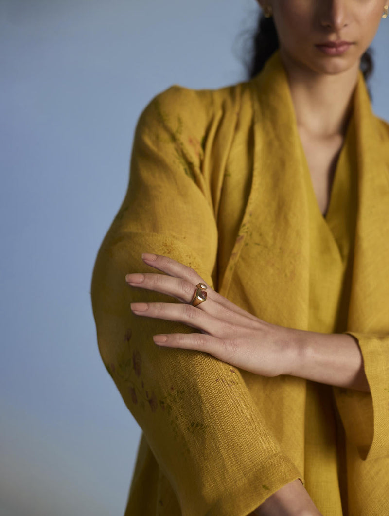 Tai Floral Sheer Linen Overlay - Ochre linen by Manan for women Worldwide