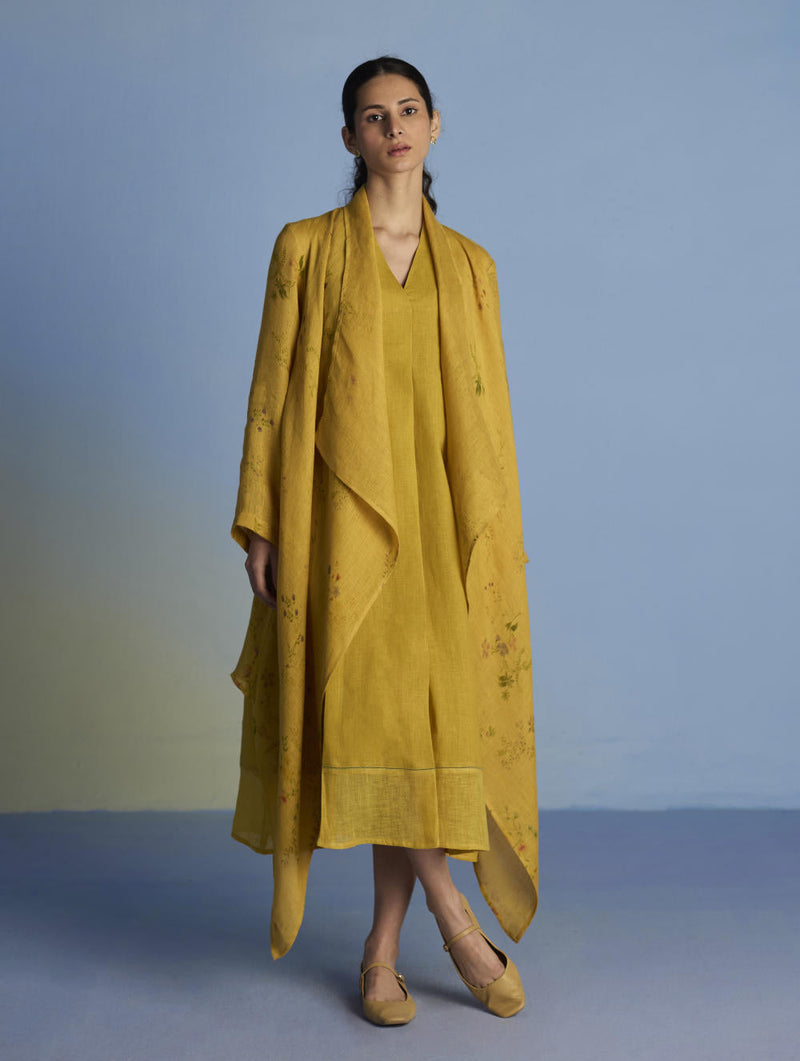 Tai Floral Sheer Linen Overlay - Ochre linen by Manan for women Worldwide