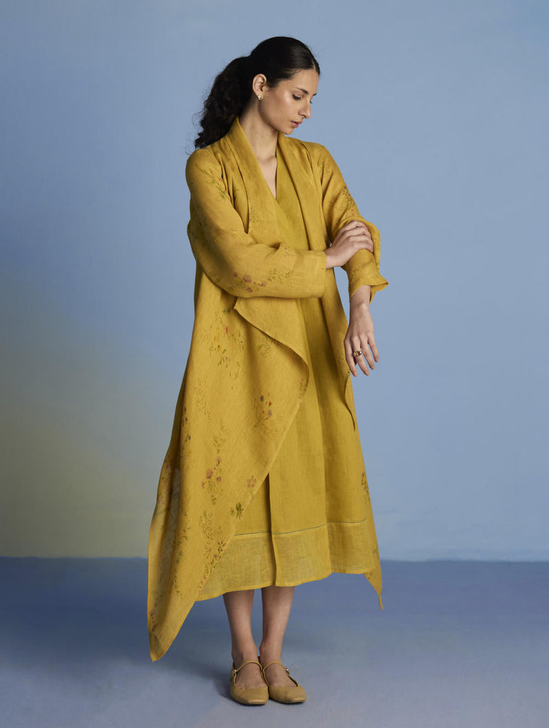 Tai Floral Sheer Linen Overlay - Ochre linen by Manan for women Worldwide