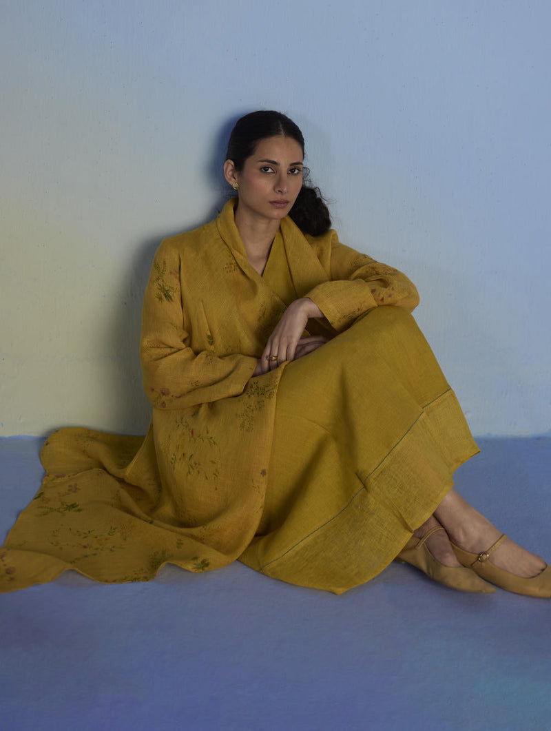 Tai Floral Sheer Linen Overlay - Ochre linen by Manan for women Worldwide