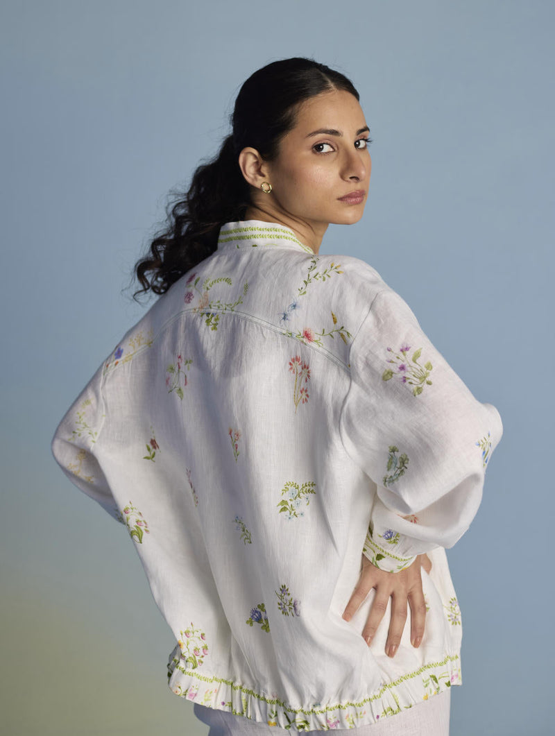 Kayu Floral Printed Bomber Jacket - White linen by Manan in white color for women Worldwide