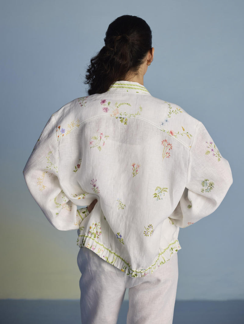 Kayu Floral Printed Bomber Jacket - White linen by Manan in white color for women Worldwide