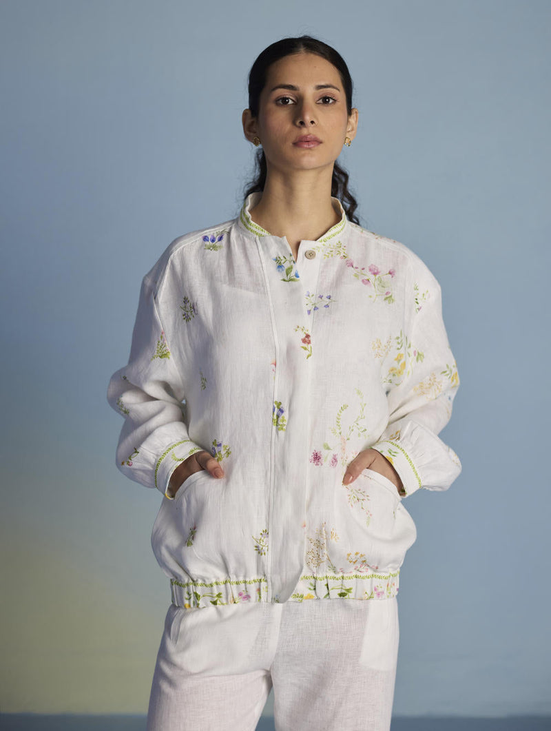 Kayu Floral Printed Bomber Jacket - White linen by Manan in white color for women Worldwide
